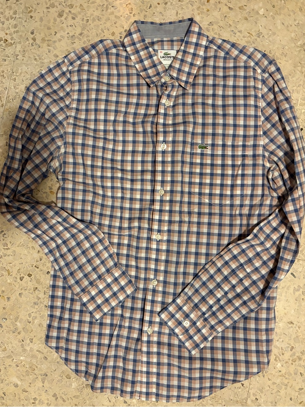 Bundle 3 for $25. Lacoste Men's Blue & Tan Plaid Button-Down Shirt. Size M.